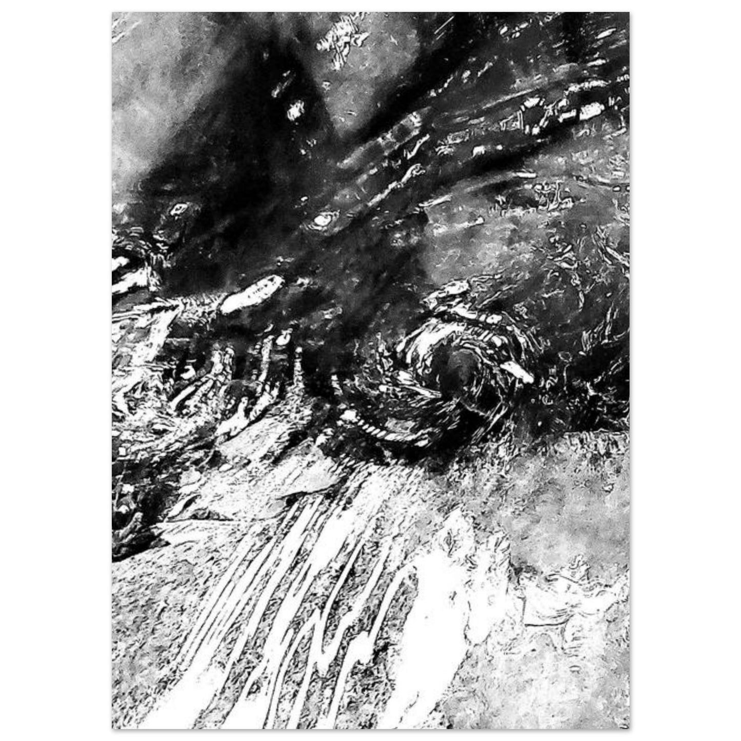 Espiral captada de agua en movimiento sobre rocas de un río, editada en blanco y negro